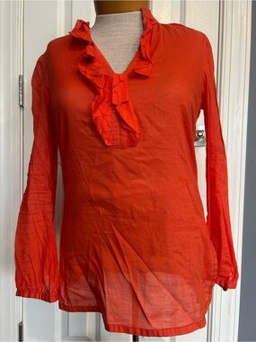 Tory Burch Bright Orange Ruffle V-Neck Long Sleeve Blouse